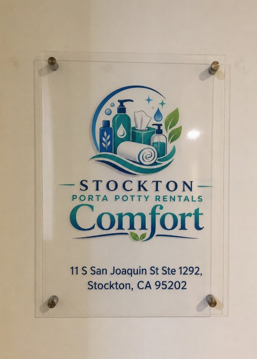 Stockton Porta Potty Rentals Comfort logo sign with address