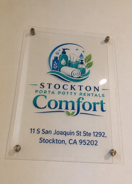 Stockton Porta Potty Rentals Comfort suite plaque at the entrance