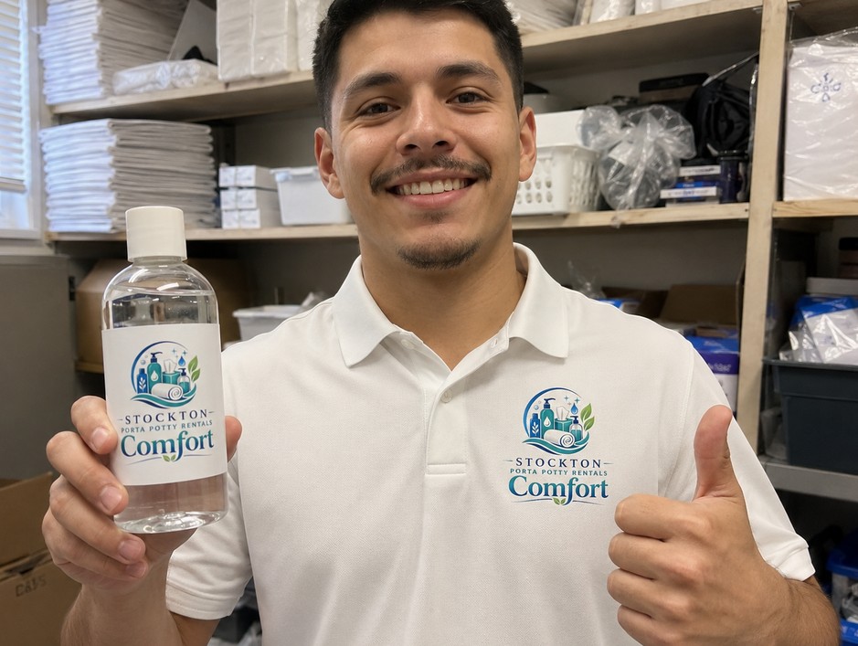 A Stockton Porta Potty Rentals Comfort team member in branded polo holding a bottle from the in-house line