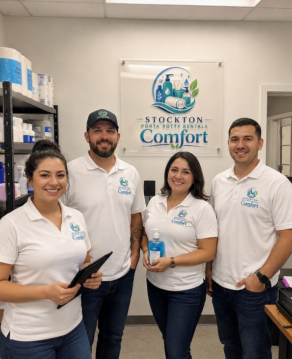 The Stockton Porta Potty Rentals Comfort team in front of the in-store logo sign